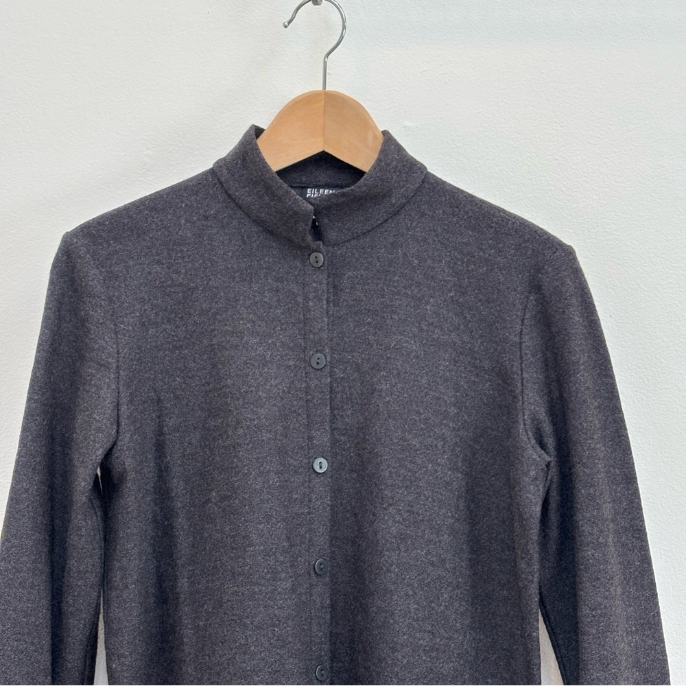 Eileen Fisher Mandarin Collar Wool Shirt Shacket Minimalist Charcoal Gray PM - Picture 3 of 11